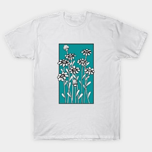 Black and white daisy flower doodle illustration in blue background T-Shirt